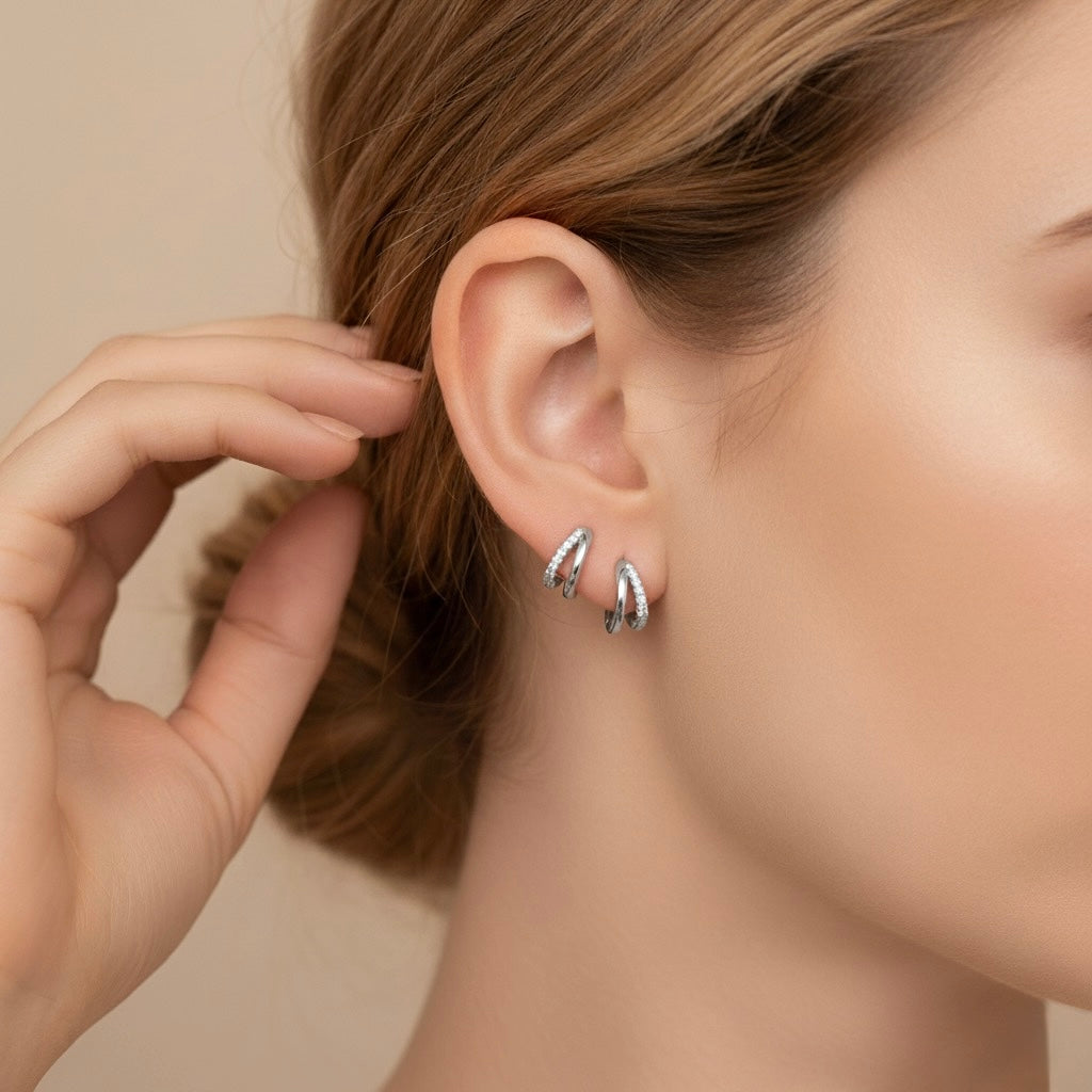 Pendientes de Doble Aro con Circonitas - Estilo huggie - Dahlia (2x1)