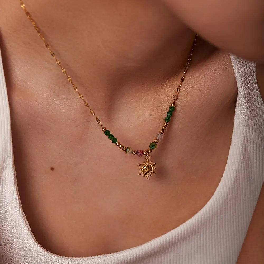Sun Amulet choker with natural aventurine stone plated in 18k gold
