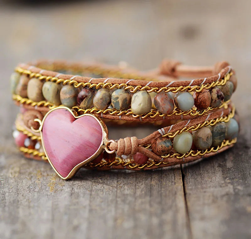 PULSERA RODONITA Triple capa (ESTILO BOHO) - Pulsera de piedra natural curativa