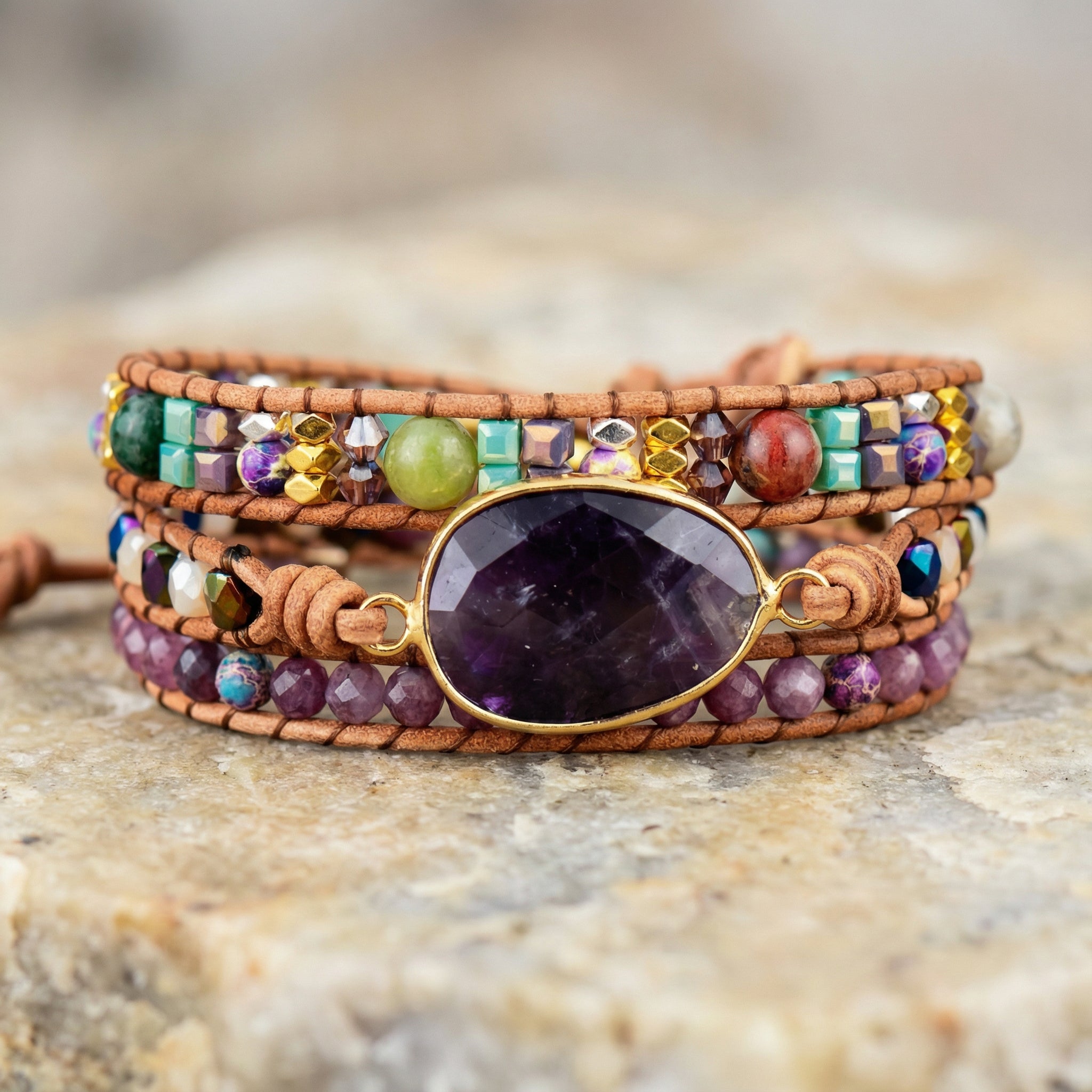 PULSERA AMATISTA (TRIPLE CAPA) · (ESTILO BOHO) - Pulsera de piedra natural curativa