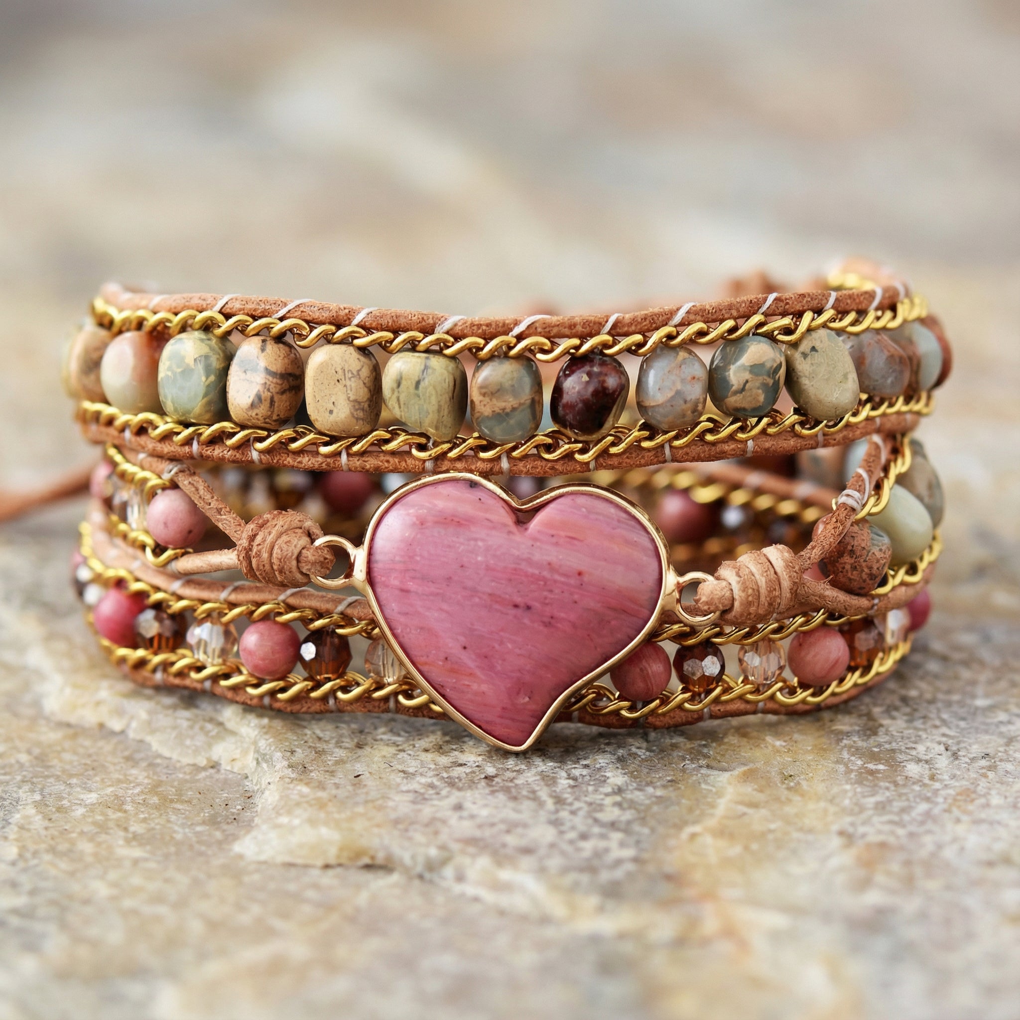 PULSERA RODONITA Triple capa (ESTILO BOHO) - Pulsera de piedra natural curativa