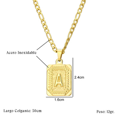 Colgante Rectangular con Inicial Personalizado | Acero Inoxidable con Baño de Oro 18K