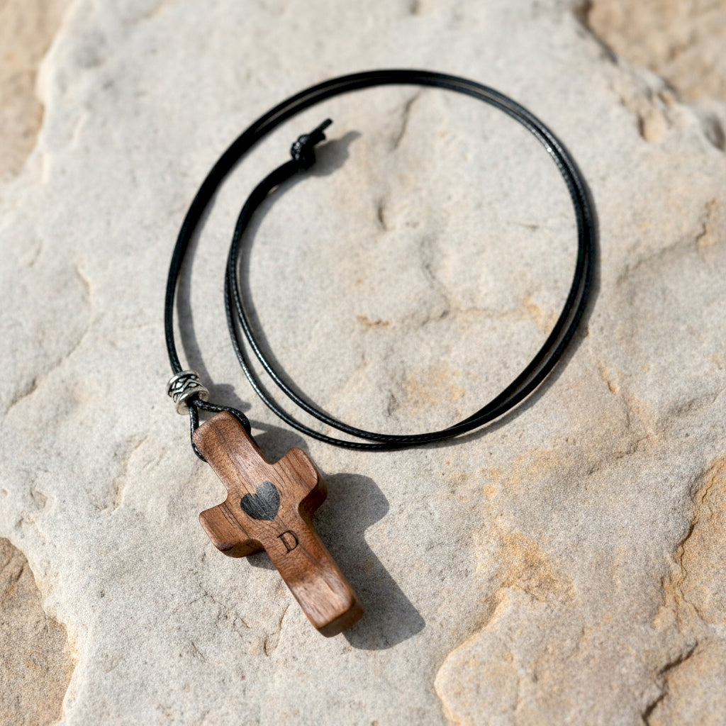 Colgante de Cruz de Madera Grabada a Láser con Nombre y Inicial | Un Símbolo Único y Personal