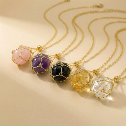 Colgante piedra natural en Jaula | Diseño Geométrico Minimalista de Acero Inoxidable