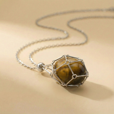 Colgante piedra natural en Jaula | Diseño Geométrico Minimalista de Acero Inoxidable