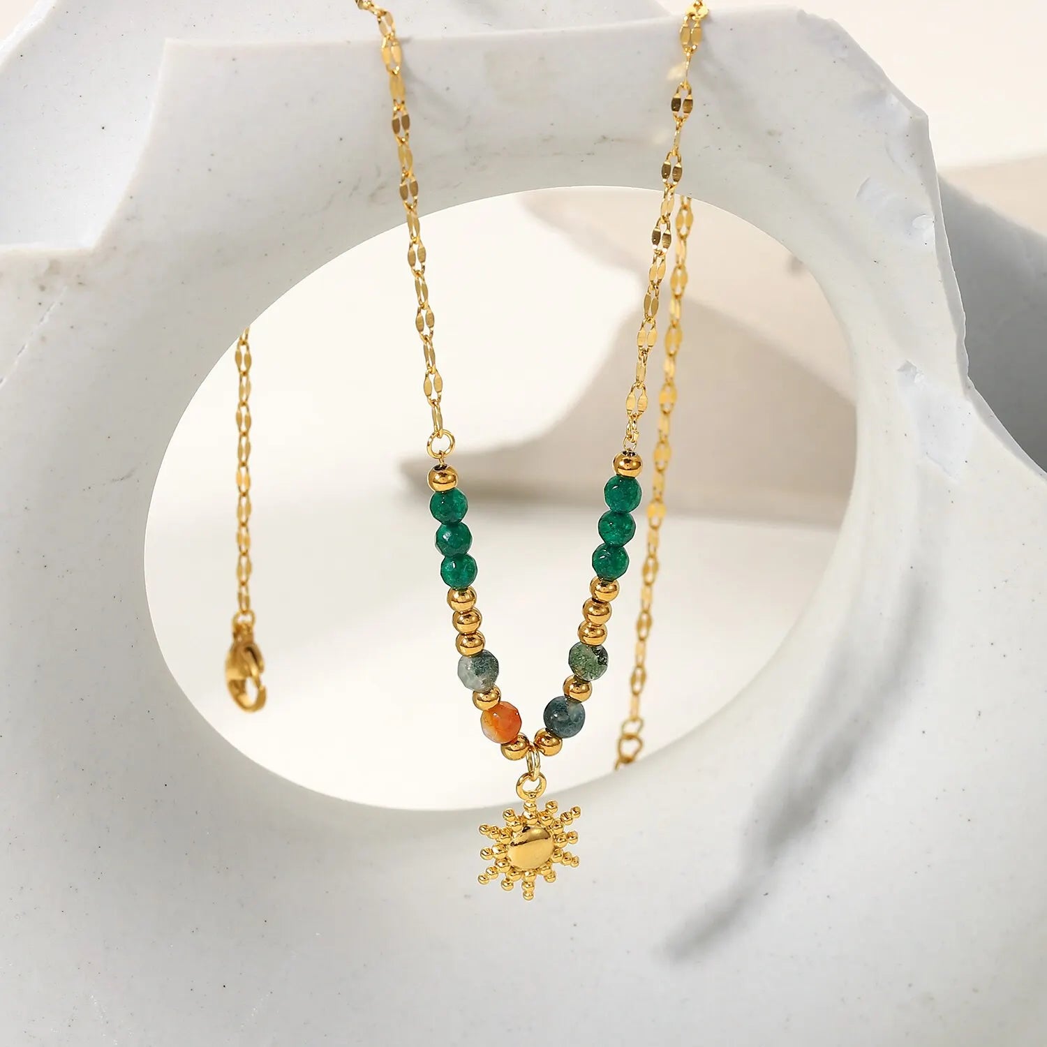 Sun Amulet choker with natural aventurine stone plated in 18k gold 