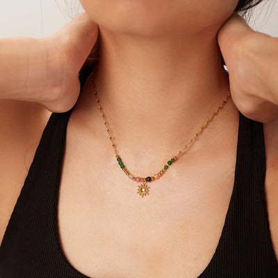 Sun Amulet choker with natural aventurine stone plated in 18k gold 