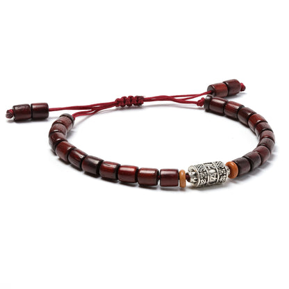 CUENTAS DE MADERA (CAOBA) Y CHARM PLATA TIBETANA - Pulsera tibetana artesanal con texto: "Om mani padme hum"