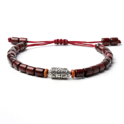 CUENTAS DE MADERA (CAOBA) Y CHARM PLATA TIBETANA - Pulsera tibetana artesanal con texto: "Om mani padme hum"