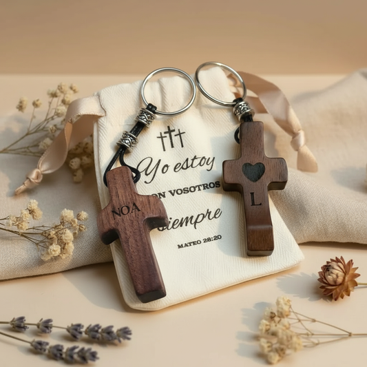 Llavero Cruz de Madera Grabada| Personalízalo con Nombre e Inicial | Regalo Hecho a Mano