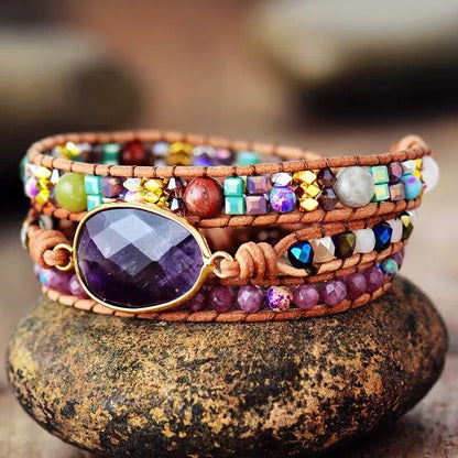 AMETHYST BRACELET (TRIPLE LAYER) · (BOHO STYLE) - Healing natural stone bracelet 