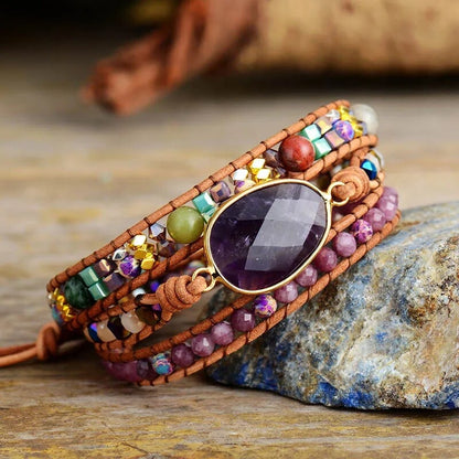 AMETHYST BRACELET (TRIPLE LAYER) · (BOHO STYLE) - Healing natural stone bracelet 