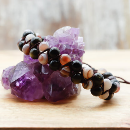 PULSERA ÁGATA Y OBSIDIANA DORADA (ESTILO BOHO) - Pulsera de piedra natural curativa