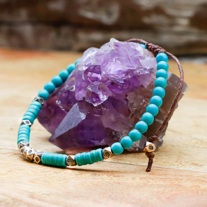 TURQUOISE BRACELET WITH GOLDEN BRASS CHARMS (BOHO STYLE) - Healing natural stone bracelet