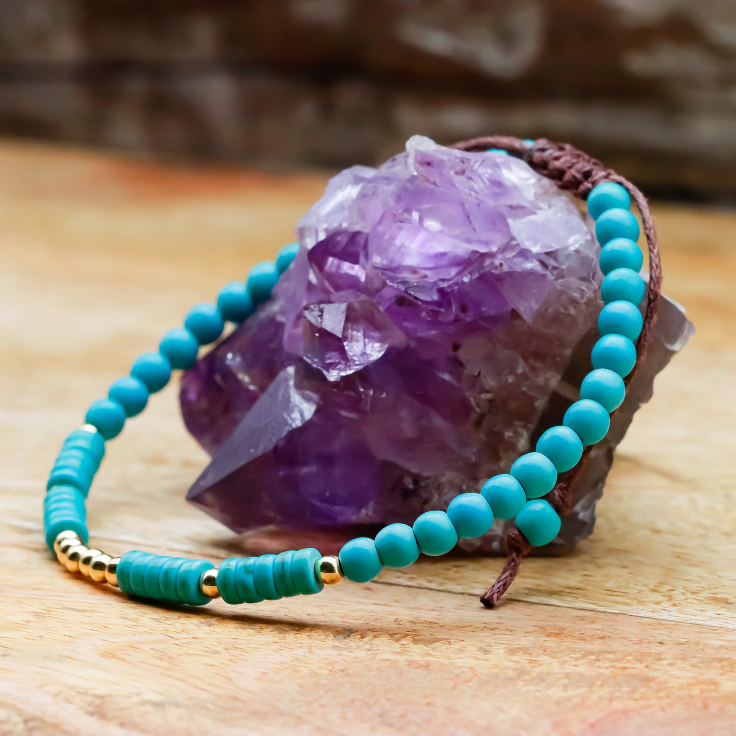 TURQUOISE BRACELET WITH GOLDEN BRASS CHARMS (BOHO STYLE) - Healing natural stone bracelet