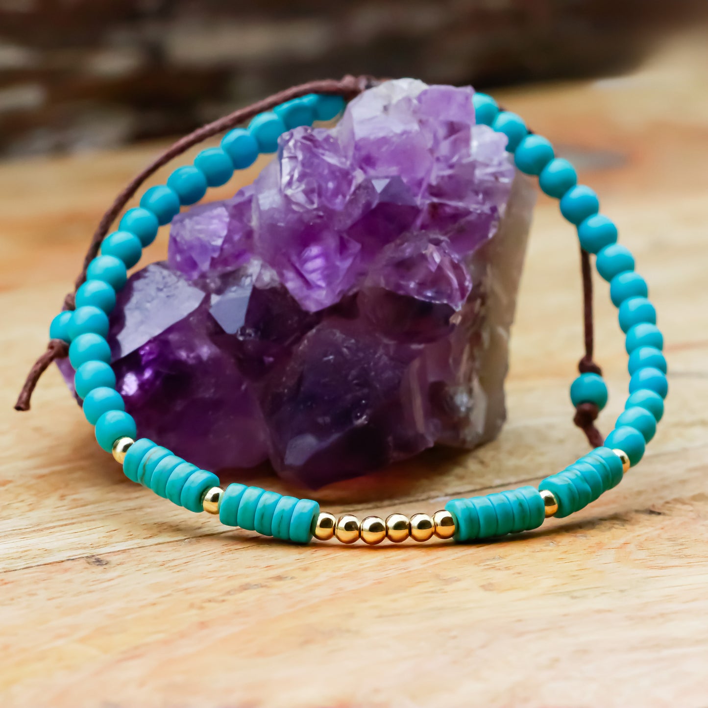 TURQUOISE BRACELET WITH GOLDEN BRASS CHARMS (BOHO STYLE) - Healing natural stone bracelet