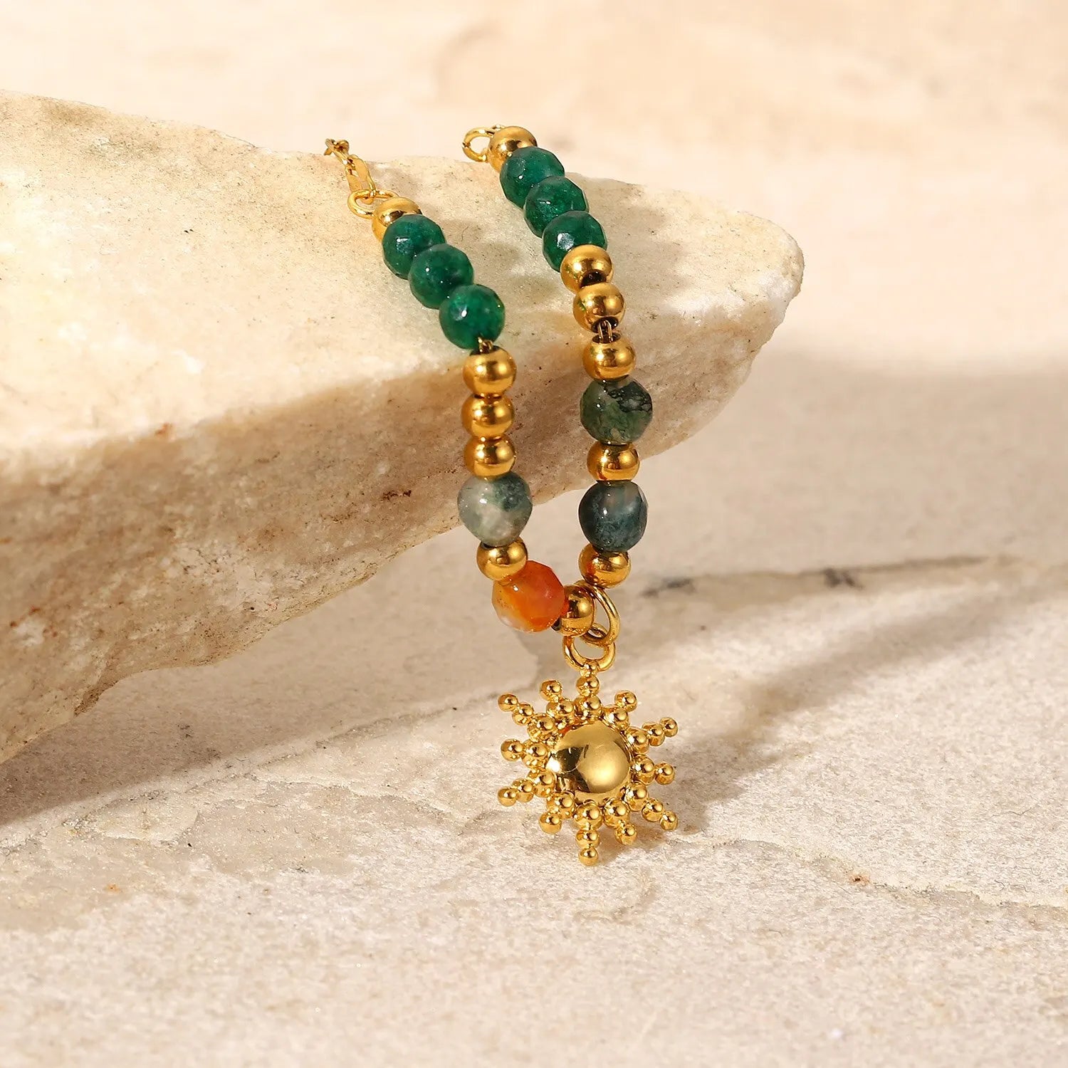 Sun Amulet choker with natural aventurine stone plated in 18k gold 