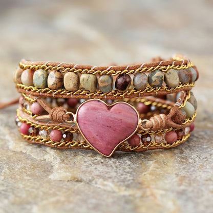 PULSERA RODONITA Triple capa (ESTILO BOHO) - Pulsera de piedra natural curativa